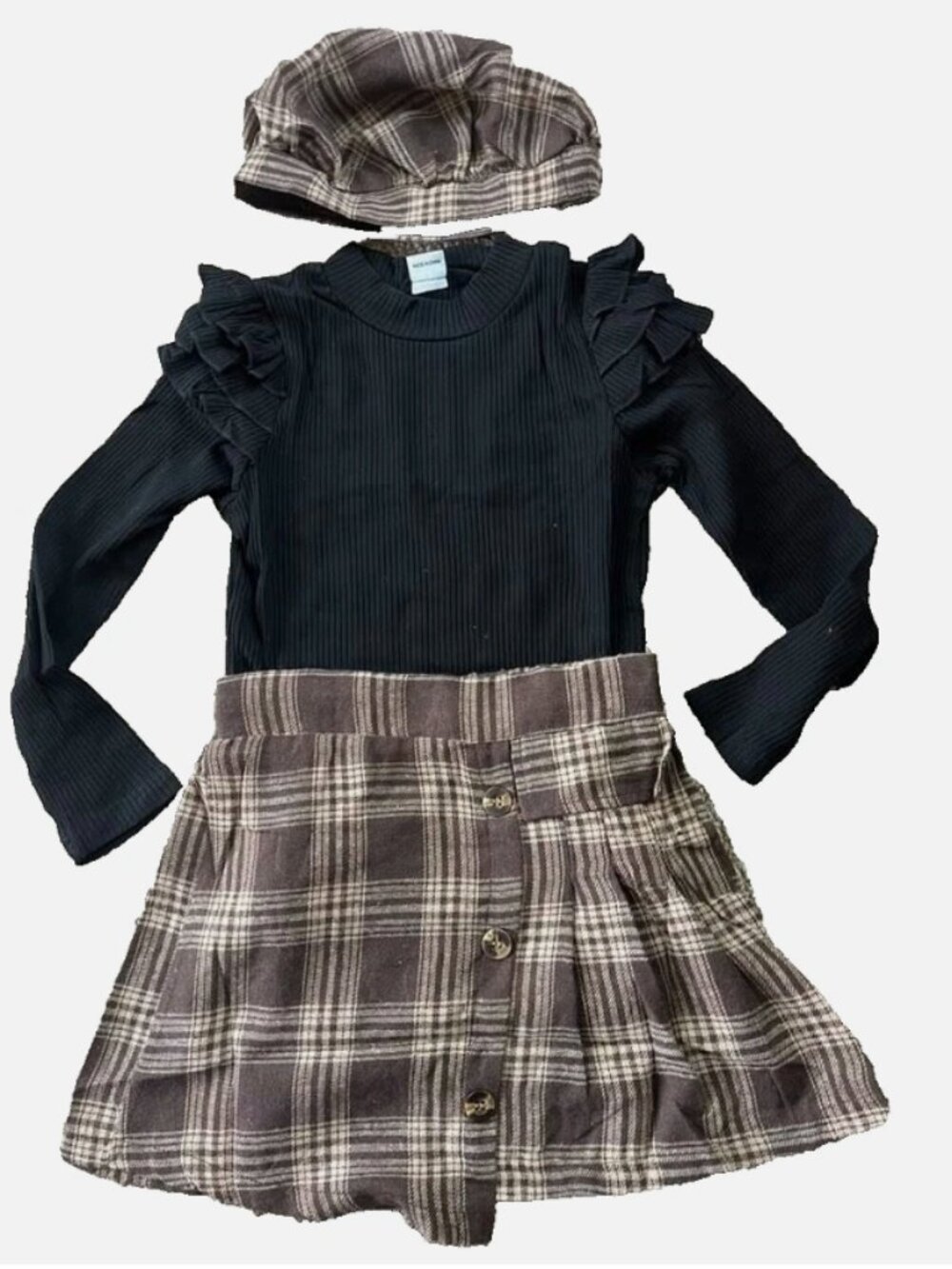 Girl's 3-Piece Outfit (Plaid Skirt, Ruffle Long Sleeve, Beret) - 7/8 - New